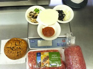 Ground Beef, Italian Sausage, Pepperoni, Bell Green Bell Pepper, Mushroom, Onion, Black Olive, Cheese, Onion Kaiser Bun and Marinara.