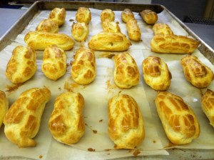 Egg wash and make sure there are no peaks or they will burn.  400 degrees F for 20 minutes.  Follow instructions for instant pudding, add ounce of amaretto, grand marnier and 2 Tbsp cocoa powder.