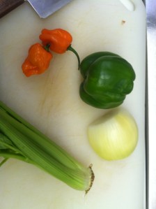 Chop onions, celery and bell pepper (Habaneros for me.)