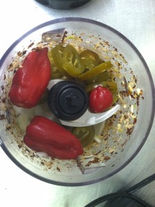 Added chopped Onions, canned Jalapenos and 3 Habaneros.