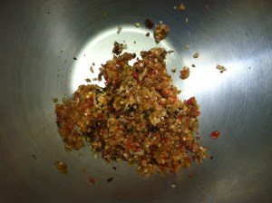 Place in mixing bowl.  Processed 2 large tomatoes, cilantro and squeeszed 1 1/2 limes.  Add about 2 Tbspn of sea salt (or to taste.)  Pepper to taste.