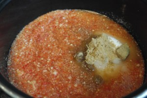 Add to pot and add 1 cup of apple cider vinegar, 1 cup of brandy, 2 lemon juice, 7 cups of white sugar and 3 cups of brown sugar.  Bring to boil and add 4 packets of gelatin.  (Didn't have any pectin.)  Skim foam and fill jars.