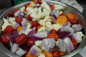 Wash, remove stem and score Habaneros.  Chop onions, cauliflower and carrots.  