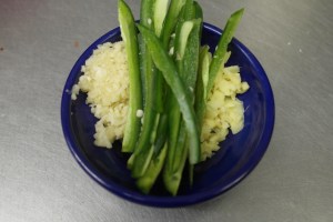 Mince garlic and ginger.  Julienne jalapeno peppers.