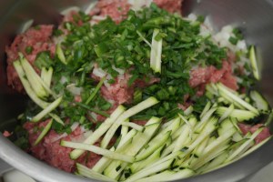 Ground beef, zucchini, onion, jalapeno and dry seasonings.