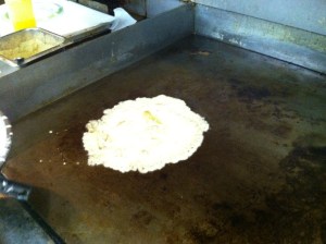 Pour batter to oiled grill or frying pan.