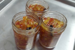 Fill sterilized jars and bake in oven with lid for 10 minutes.