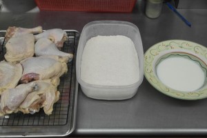 Seasoned Flour and Buttermilk station.