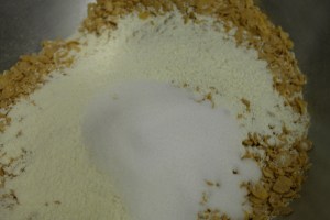 Milk powder, sugar and sat.  Add melted butter, toss and bake.