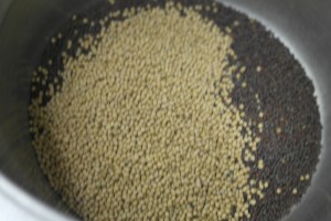 Mustard seeds in saucepan.