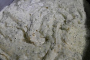 Cream butter and sugar.  Add eggs, extracts and alternate dry ingredient and milk.