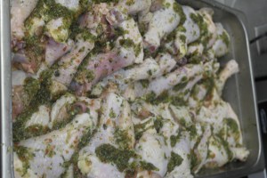 Broken down hindquarters into thigh and drumstick.  Marinaded chicken overnight.