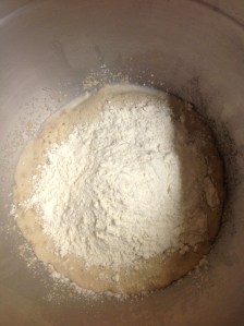 Add flour, knead on slow till flour is incorporated, then medium.