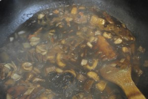 Add cornstarch slur when potatoes are cooked and sauce boils.