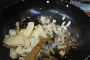 Potato, fungus, carrots and bamboo.