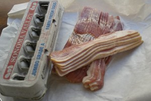 Special ordered extra fancy bacon from The City butcher shop and picked up two dozen farm fresh eggs.