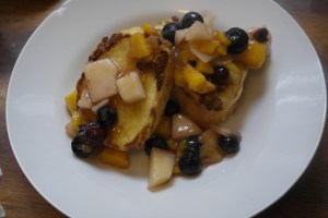 Cooked till there's a nice crust and topped with fruit compote.