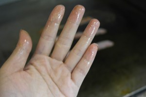 A little greasy since it's still warm but my hands smell like smokey ham on Christmas day.