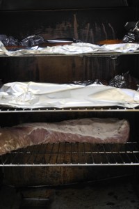 Smoker 190 F, approximately 2 1/2 hours till internal temperature reads 150 F.  (Along with two sheets of salmon.)