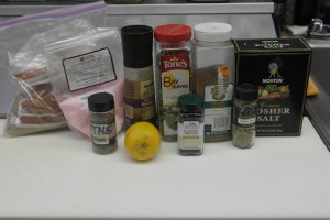Kosher Salt, Pink Salt, Thyme, Peppercorn, Juniper Berries, Fennel, Nutmeg, Bay Leaf and Garlic.