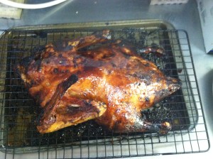 Glaze bird every 5-3 minutes till crispy and dark brown.
