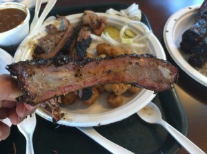 Pork ribs, brisket, pulled pork, sausage, jalapeno beans, fried okra, and cole slaw.  Brian wouldn't let us order the fried chicken because it was too much food.