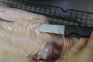 Using a paring knife, pierce 20-30 times into skin.  