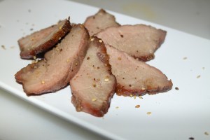 Sliced and topped with toasted sesame seeds.