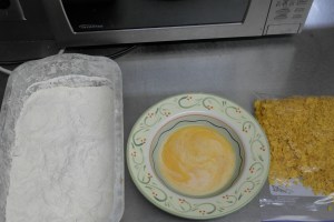 Setup fry station. Flour -> Egg was -> Doritos